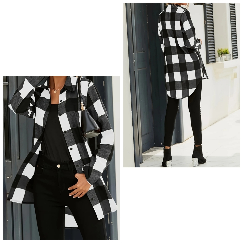 🔷5/$25 Women's black & white checkered button up long sleeve tunic shirt XL
